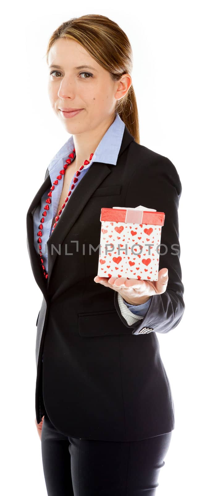 Attractive caucasion business woman in her 30s shot in studio isolated on a white background