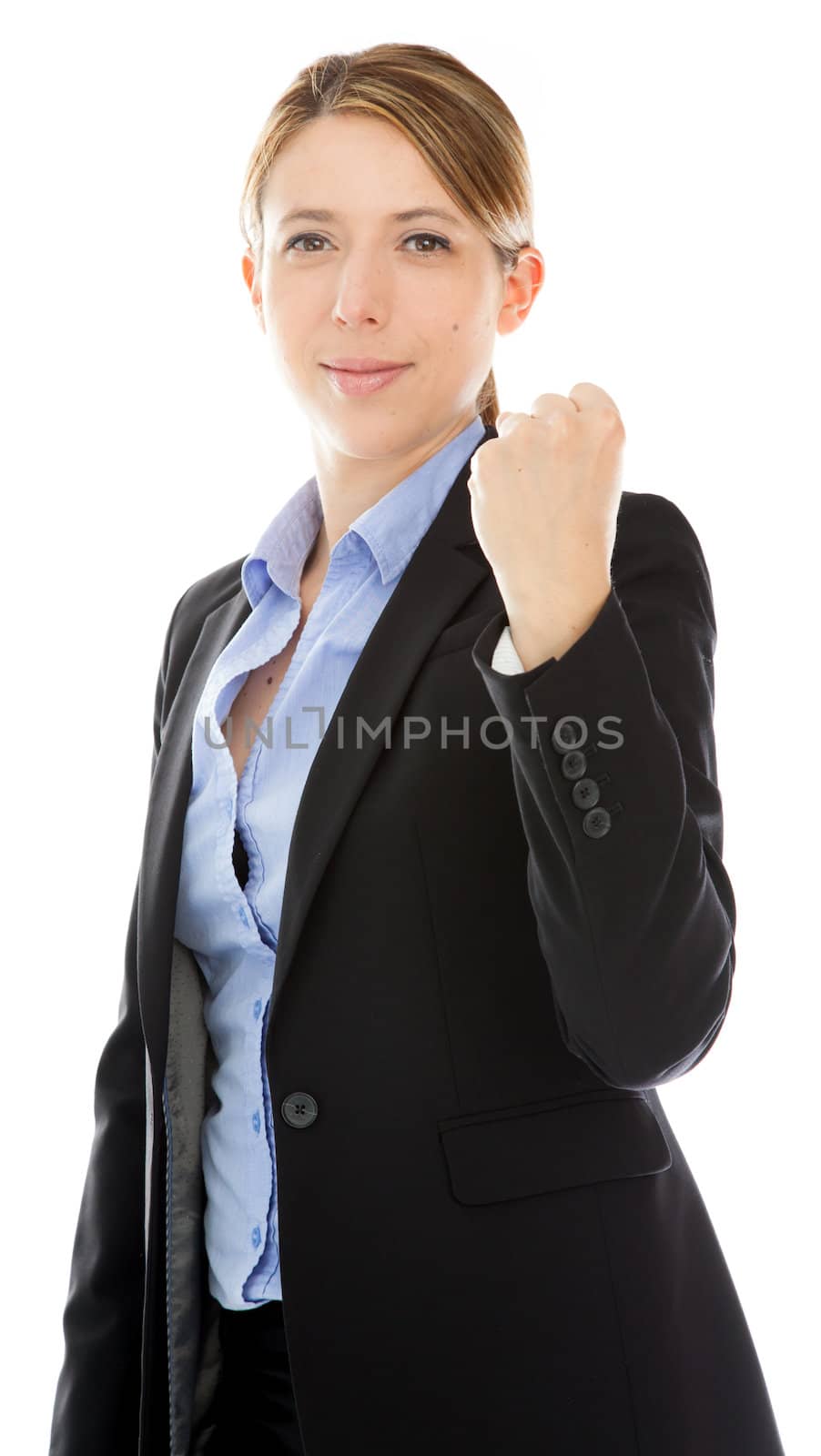 Attractive caucasion business woman in her 30s shot in studio isolated on a white background