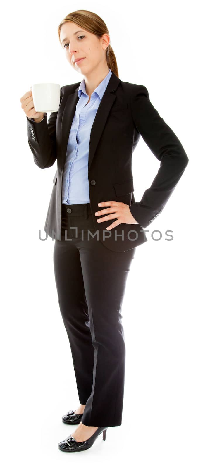 Attractive caucasion business woman in her 30s shot in studio isolated on a white background