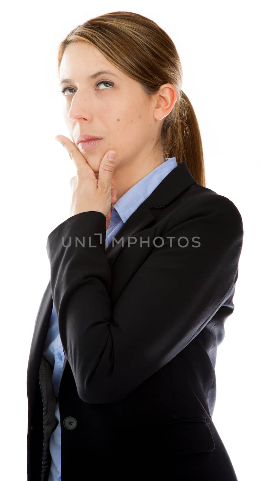 Attractive caucasion business woman in her 30s shot in studio isolated on a white background