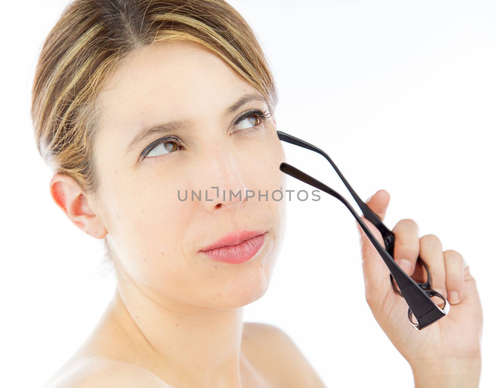 Attractive caucasion girl in her 30s shot in studio isolated on a white background