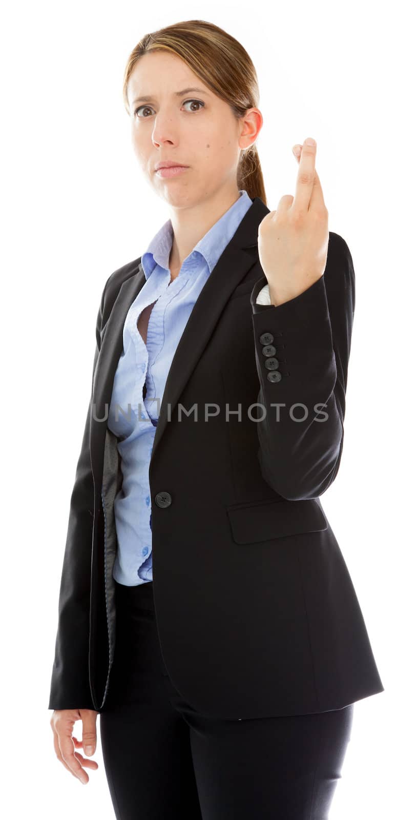 Attractive caucasion business woman in her 30s shot in studio isolated on a white background