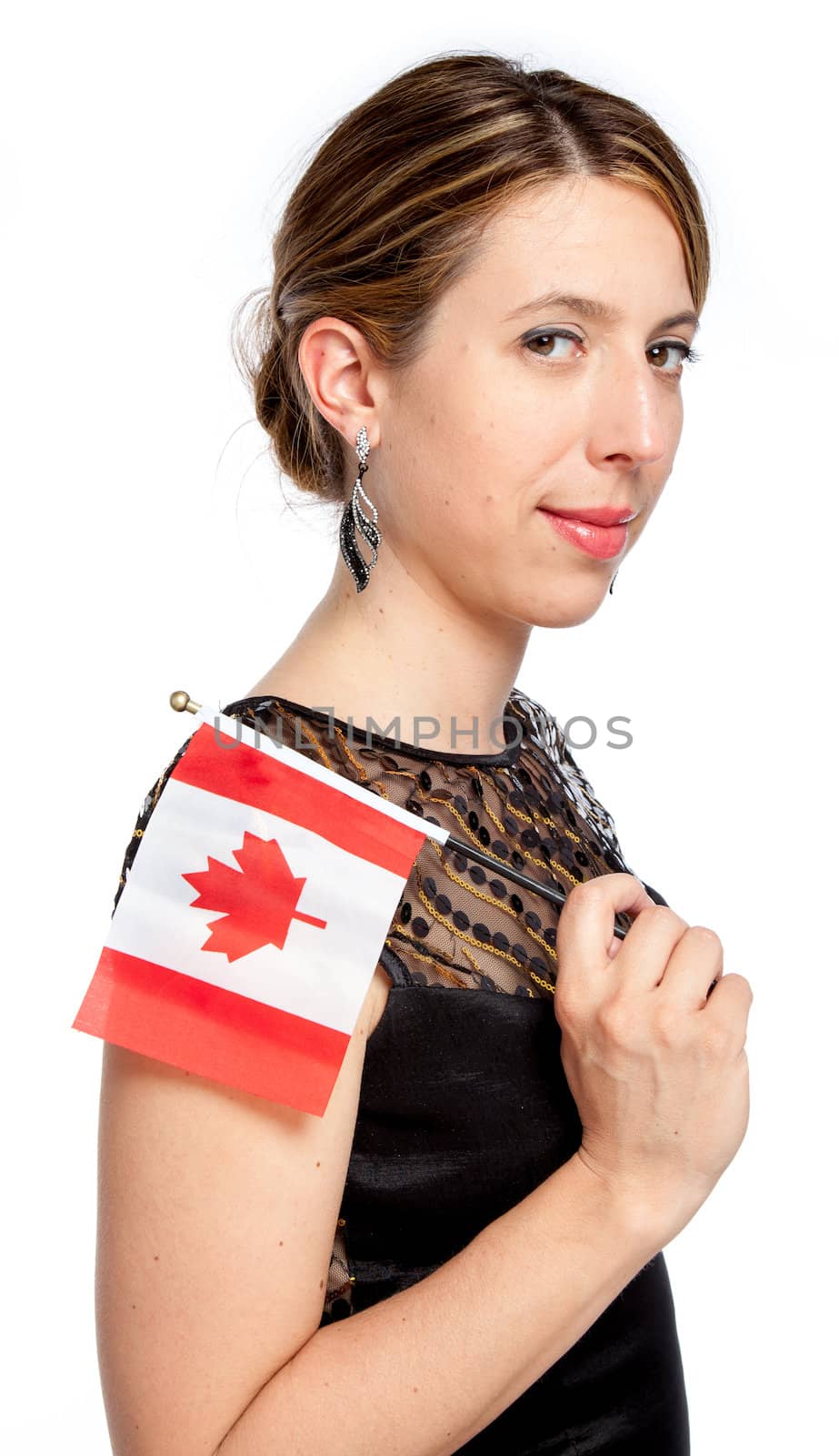 Attractive caucasion girl wearing an evening gown in her 30s shot in studio isolated on a white background