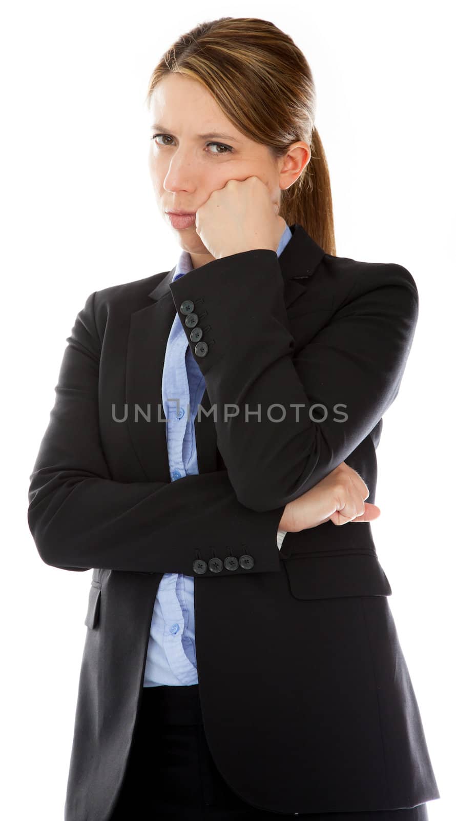 Attractive caucasion business woman in her 30s shot in studio isolated on a white background