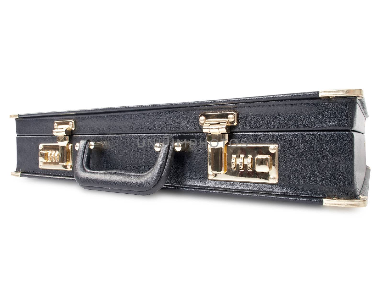 black leather briefcase with golden lock