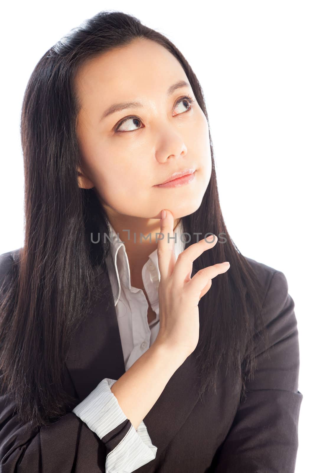 Attractive asian girl in her 30s shot in studio isolated on a white background