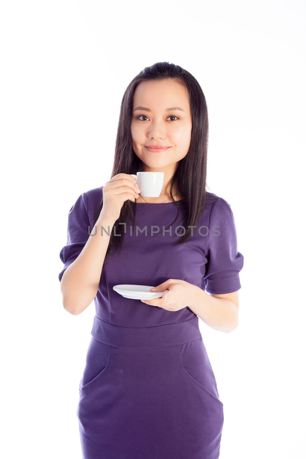 Attractive asian girl in her 30s shot in studio isolated on a white background