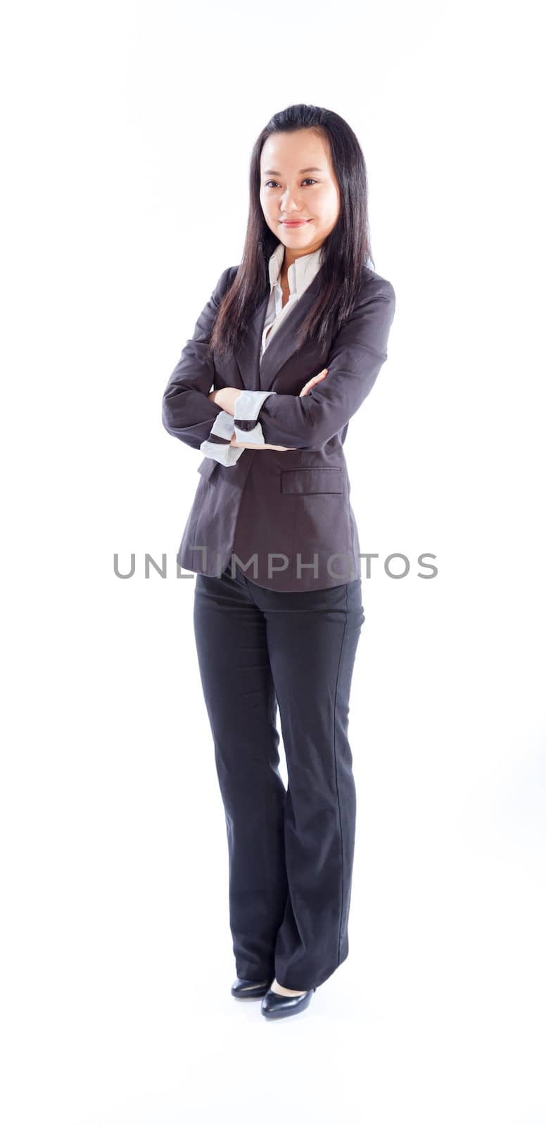 Attractive asian girl in her 30s shot in studio isolated on a white background