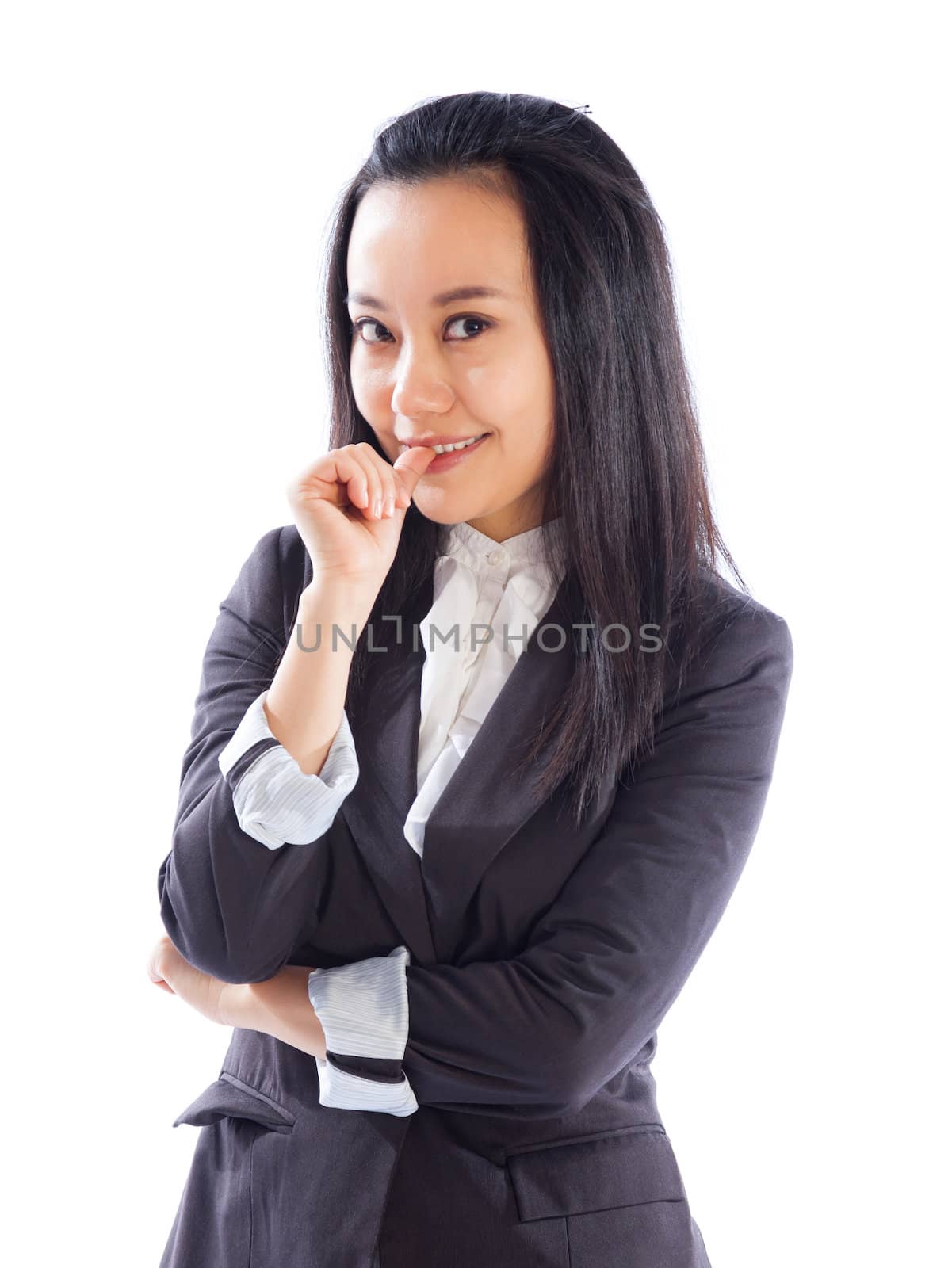 Attractive asian girl in her 30s shot in studio isolated on a white background