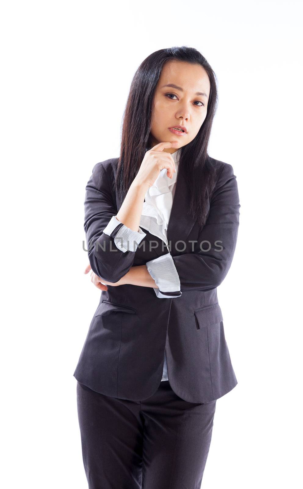 Attractive asian girl in her 30s shot in studio isolated on a white background