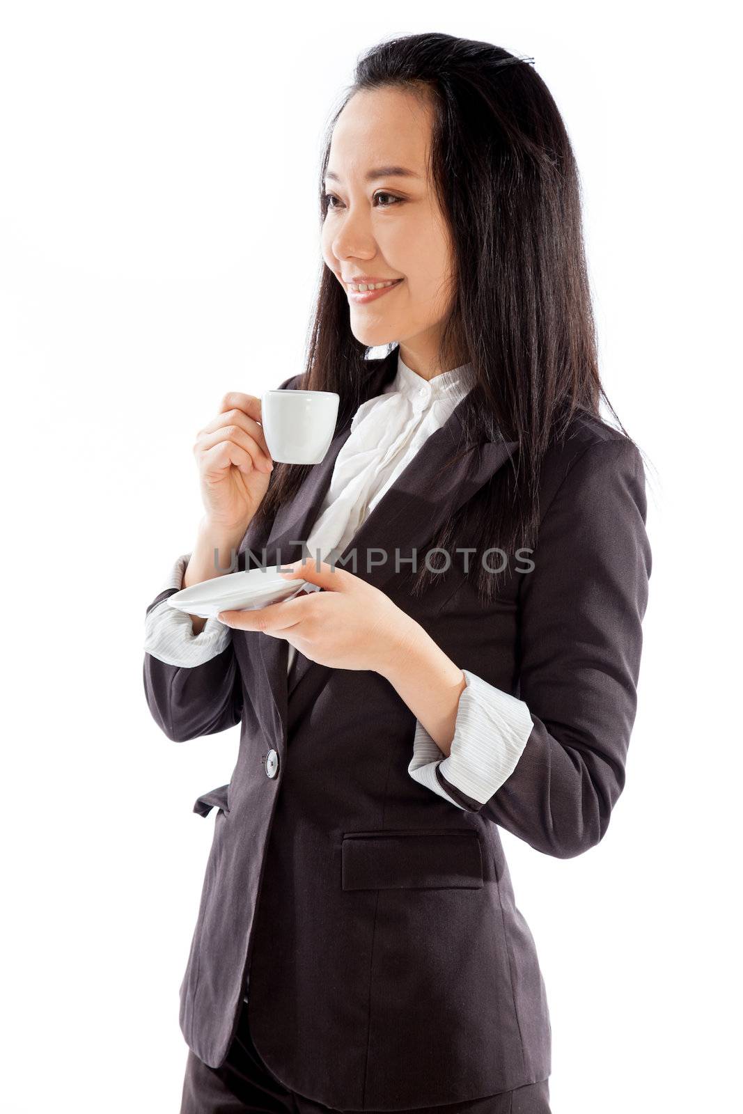 Attractive asian girl in her 30s shot in studio isolated on a white background