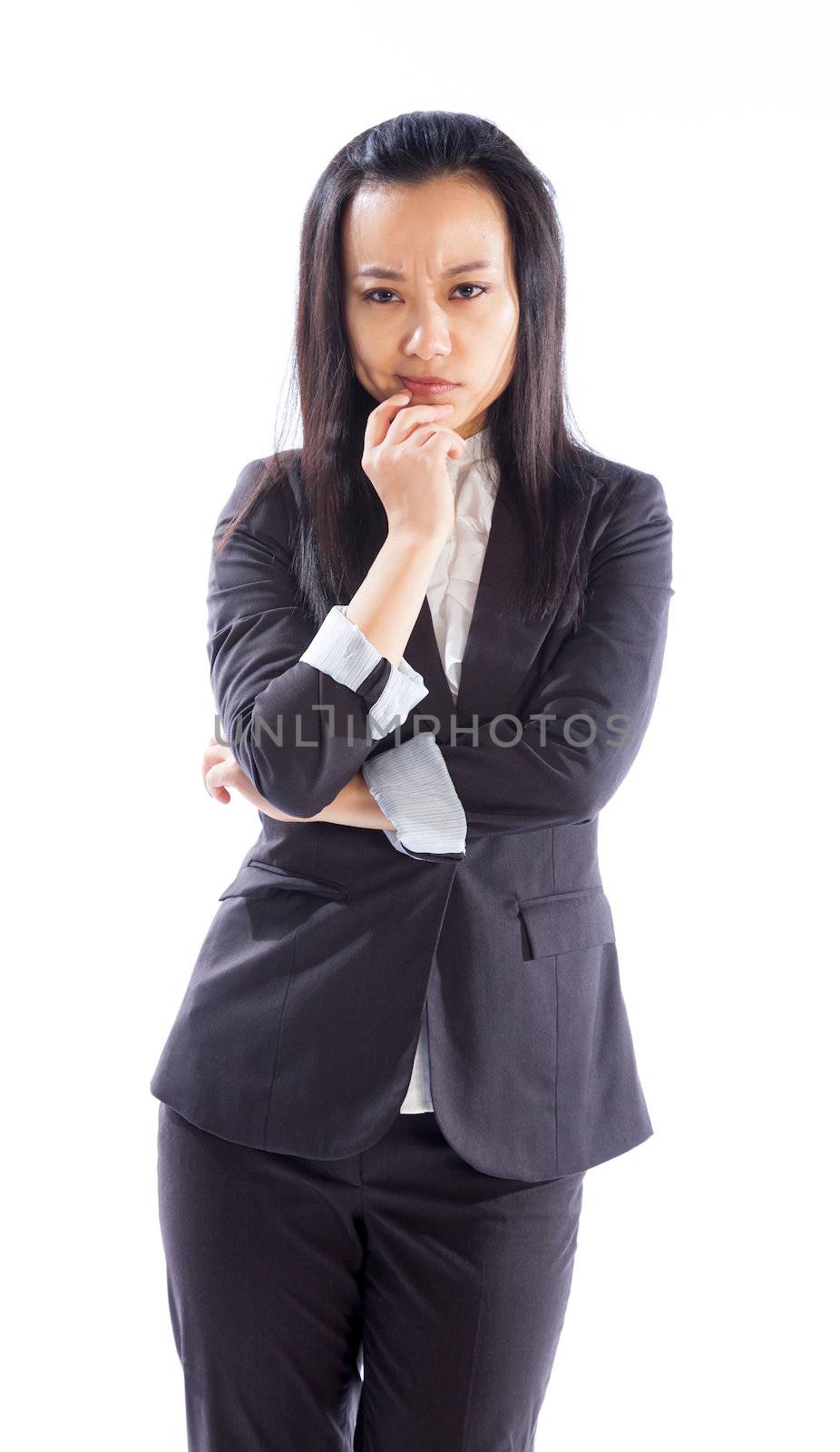 Attractive asian girl in her 30s shot in studio isolated on a white background