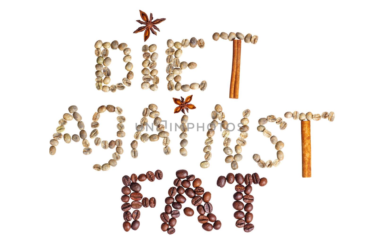 Coffee beans stacked neatly in words: diet against fat