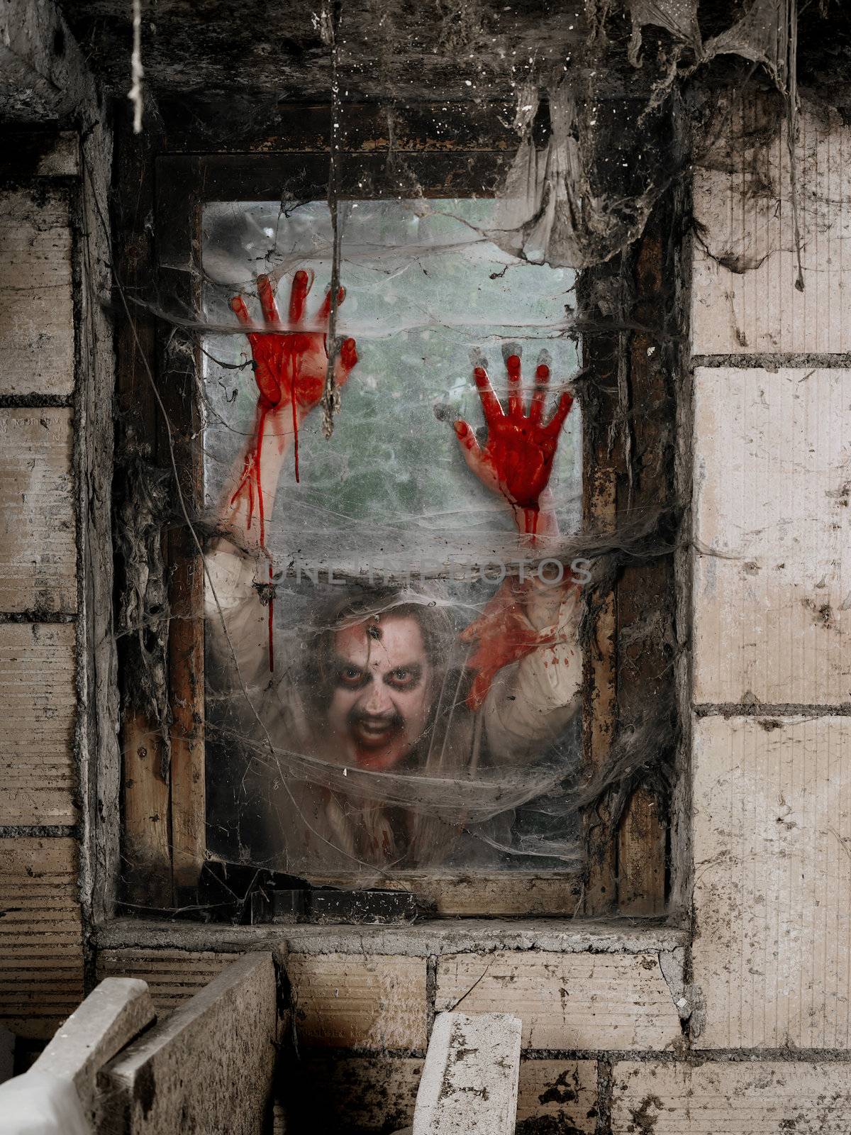 Photo of a hungry zombie staring at you through a dirty window.