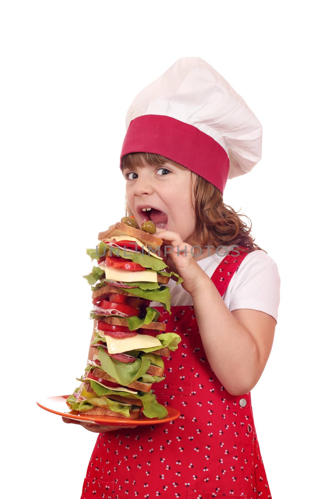 hungry little girl cook eat large sandwich by goce