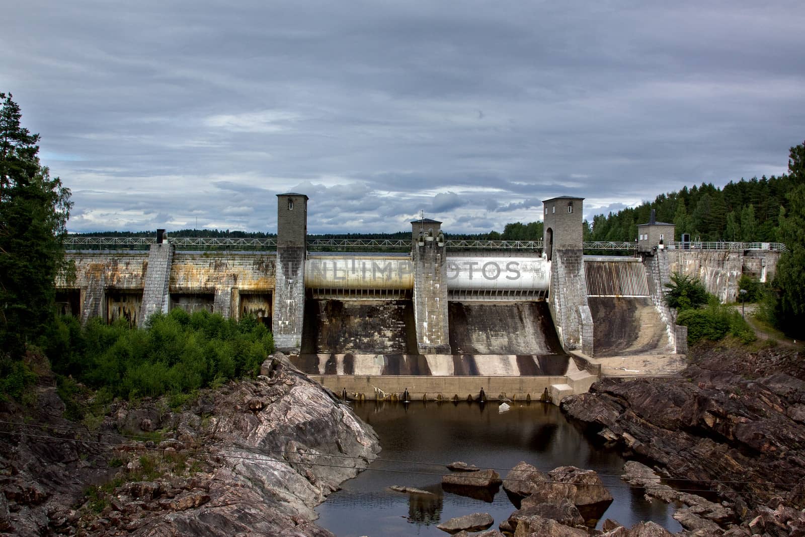 view of a hydroelectric power station dam in Imatra, Finland
