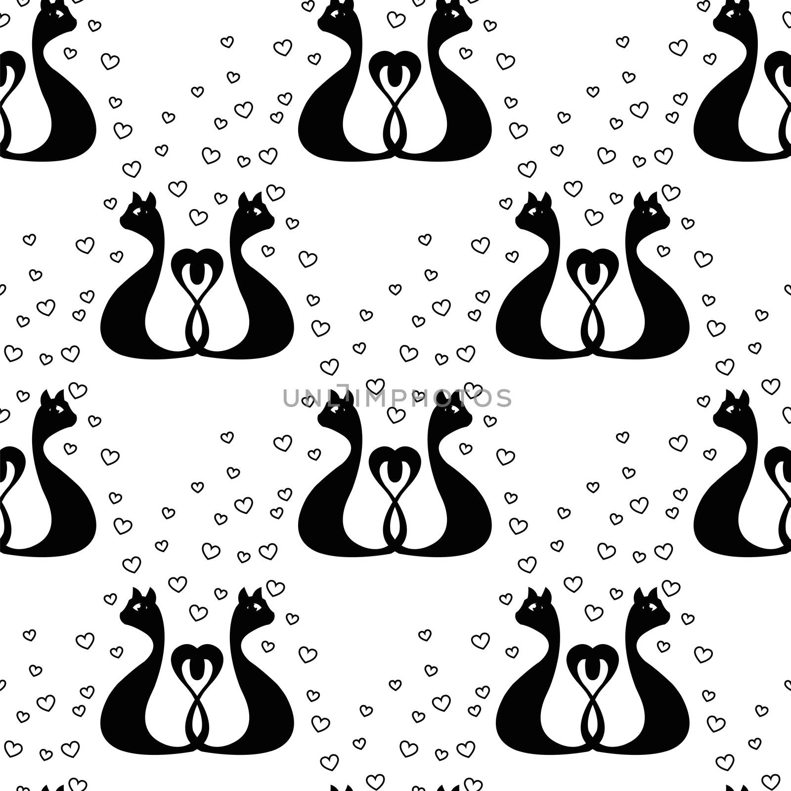 white seamless pattern with love black cats and heart