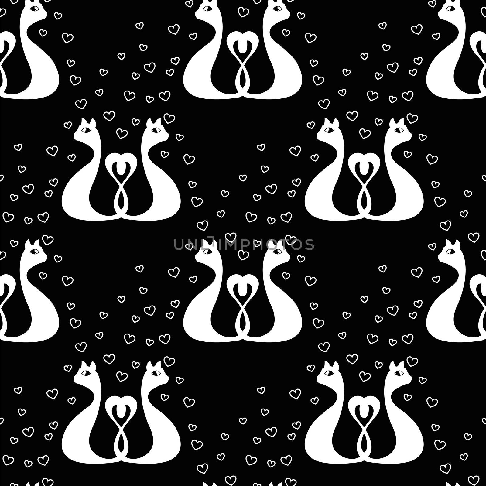 black seamless pattern with love white cats and heart