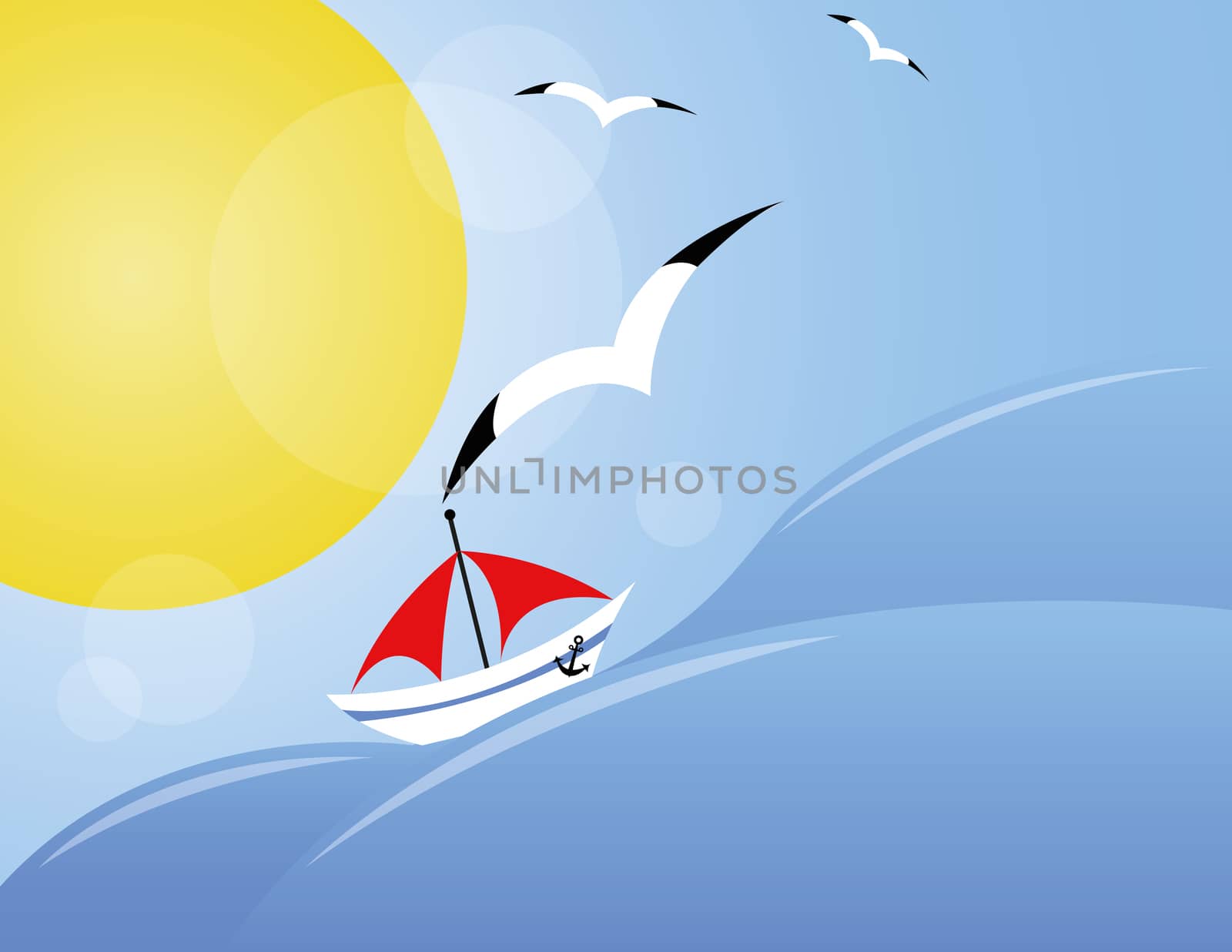   background with yacht on sea, sun and  seagull