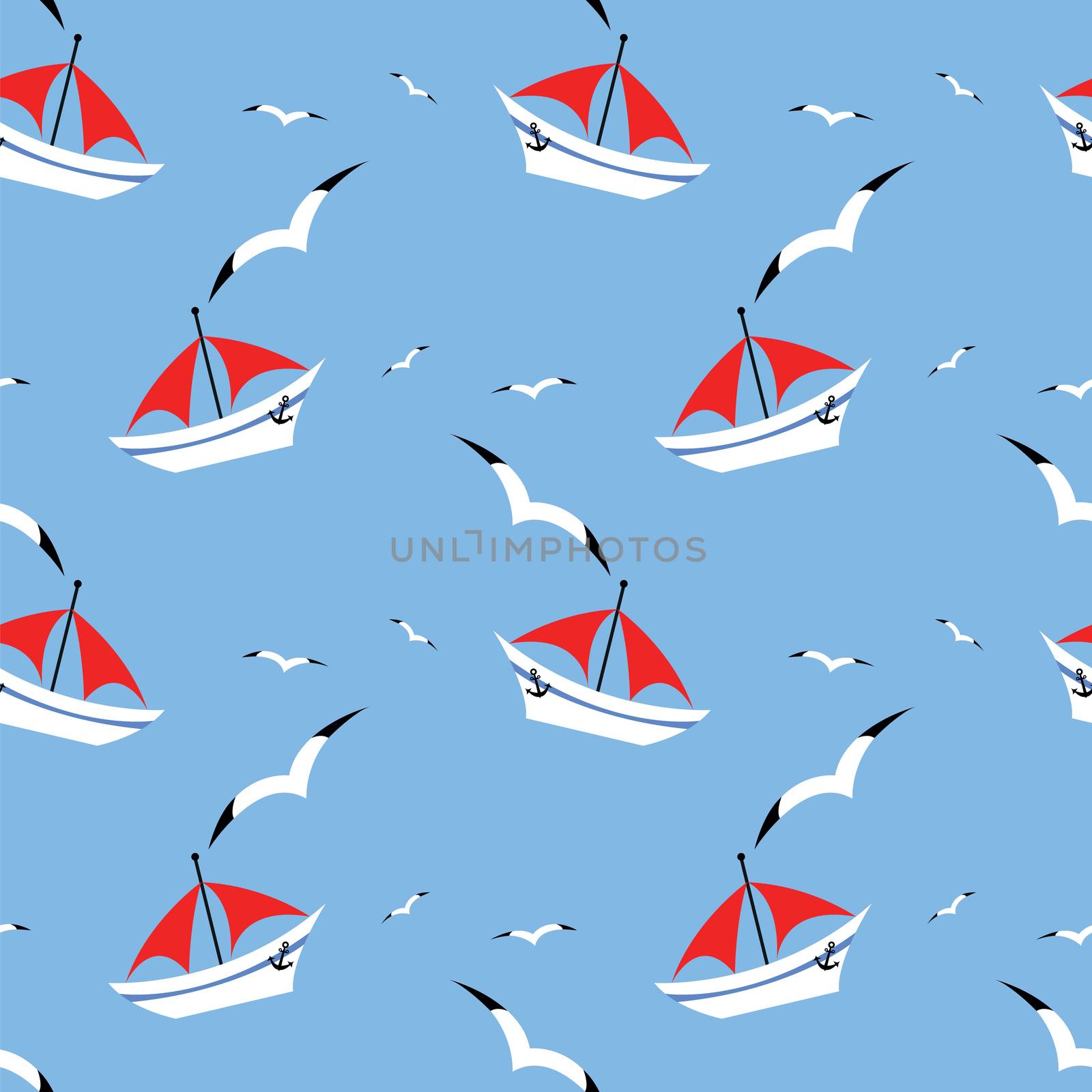 seamless pattern with yacht on sea and  seagull