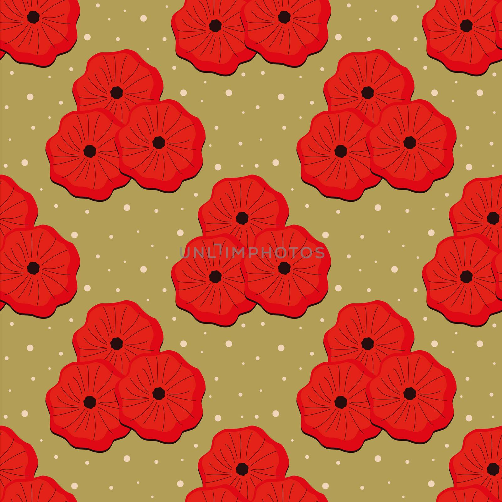 seamless pattern with red poppy on green
