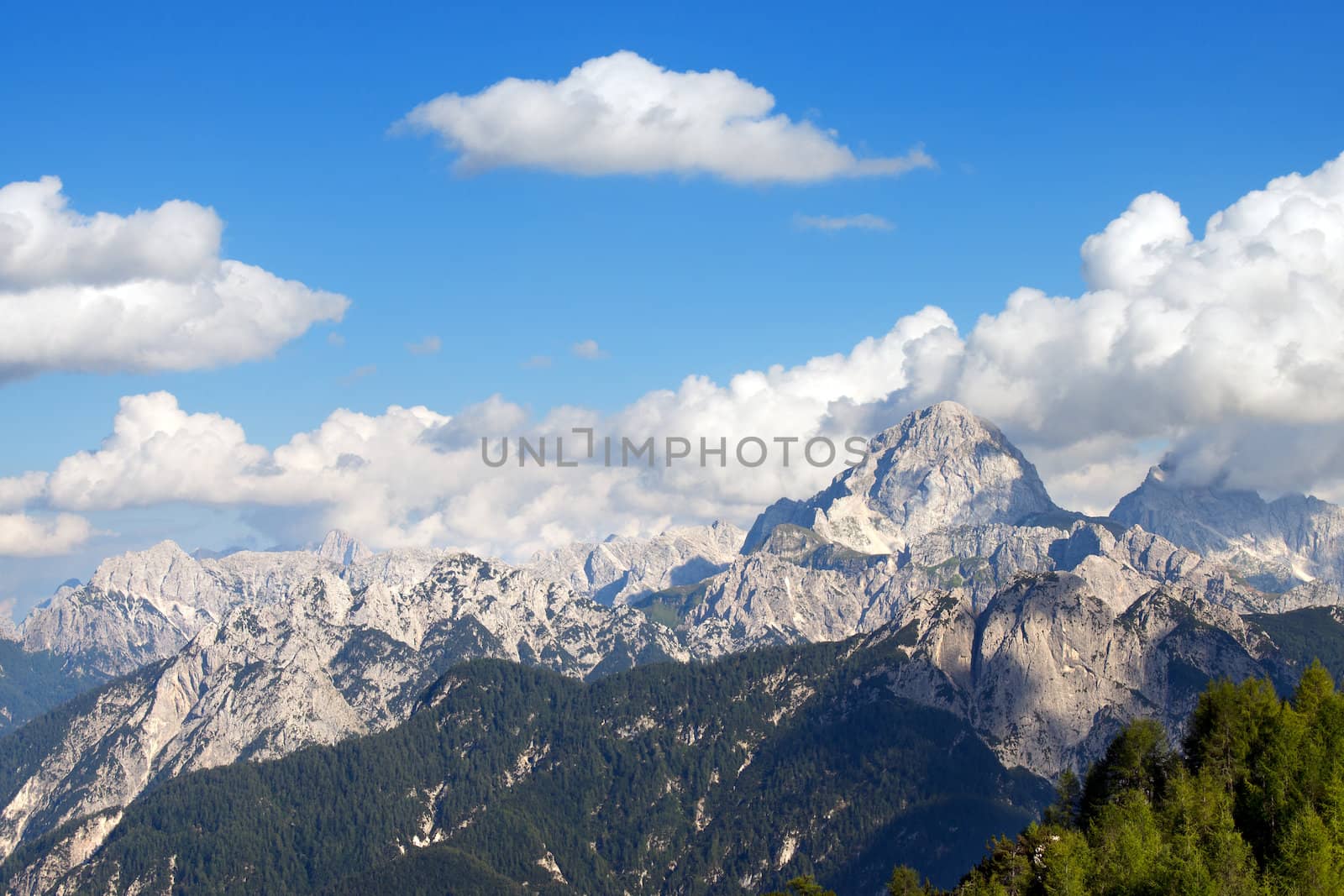 Julian Alps with top Mangart viewed from Mount Lussari in Friuli, northern Italy