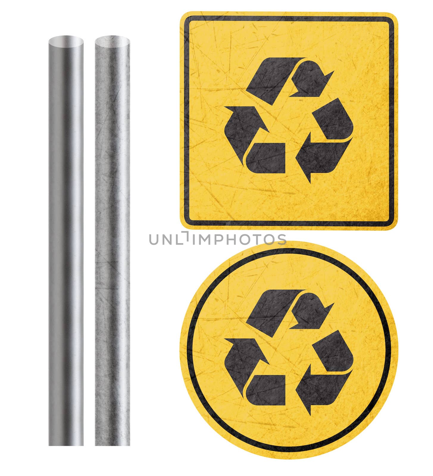 recycle symbol on Yellow Sign with metal bar, isolated in white (with clipping work path)
