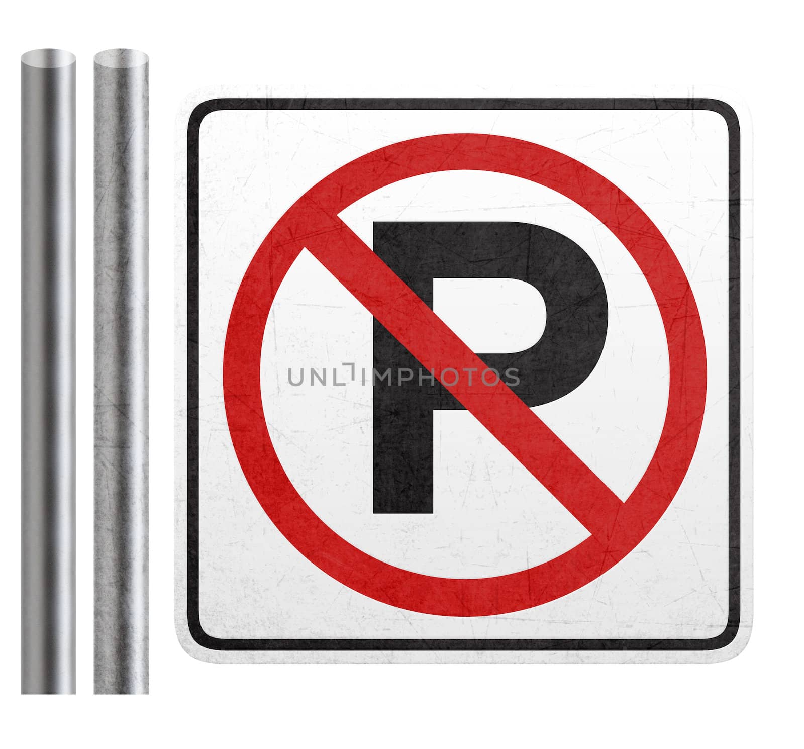 No parking sign with metal bar isolated on white with clipping path .