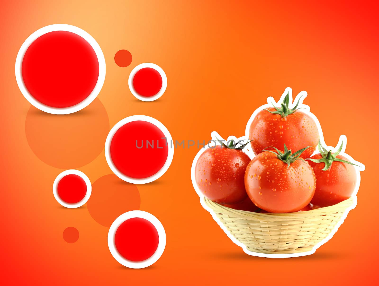 fresh tomatoes in Dish straw on red background.