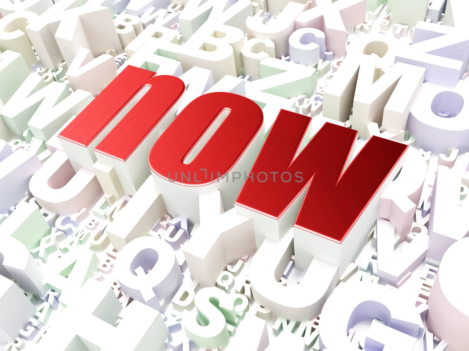 Timeline concept: Now on alphabet  background, 3d render