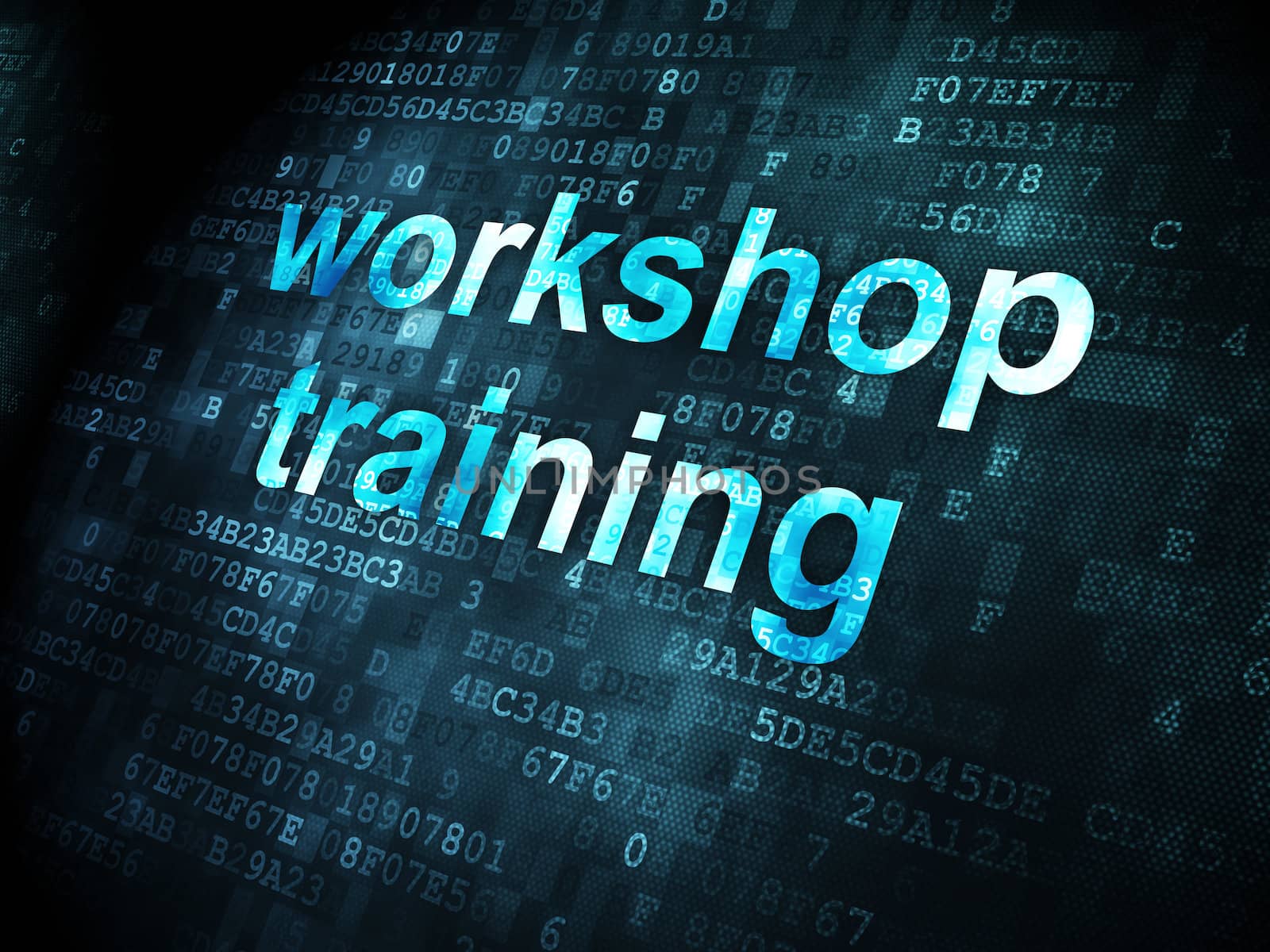 Education concept: pixelated words Workshop Training on digital background, 3d render