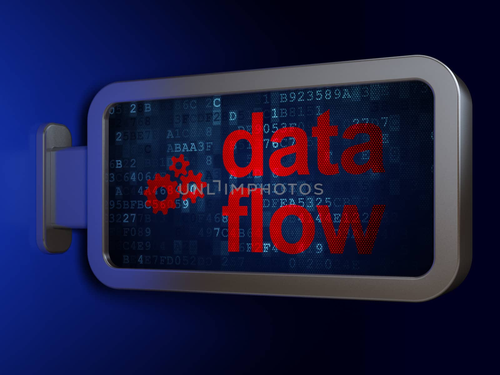 Information concept: Data Flow and Gears on advertising billboard background, 3d render