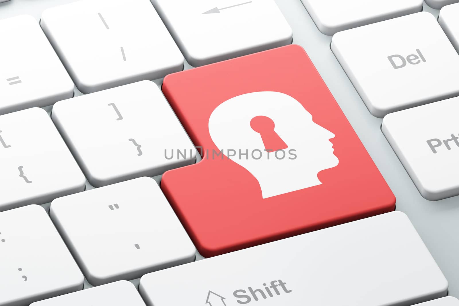 Information concept: Enter button with Head Whis Keyhole on computer keyboard background, 3d render