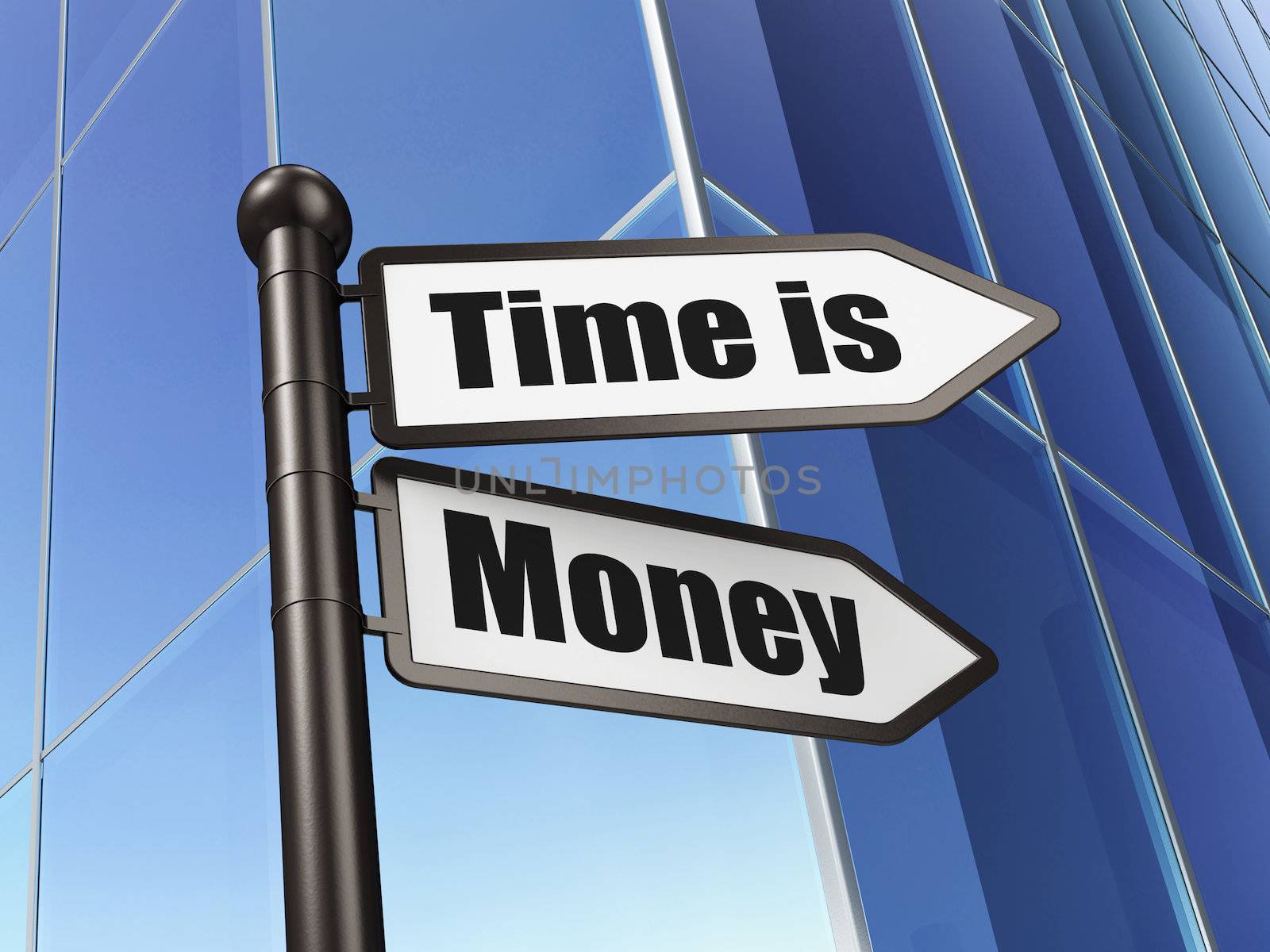 Timeline concept: Time is Money on Building background, 3d render