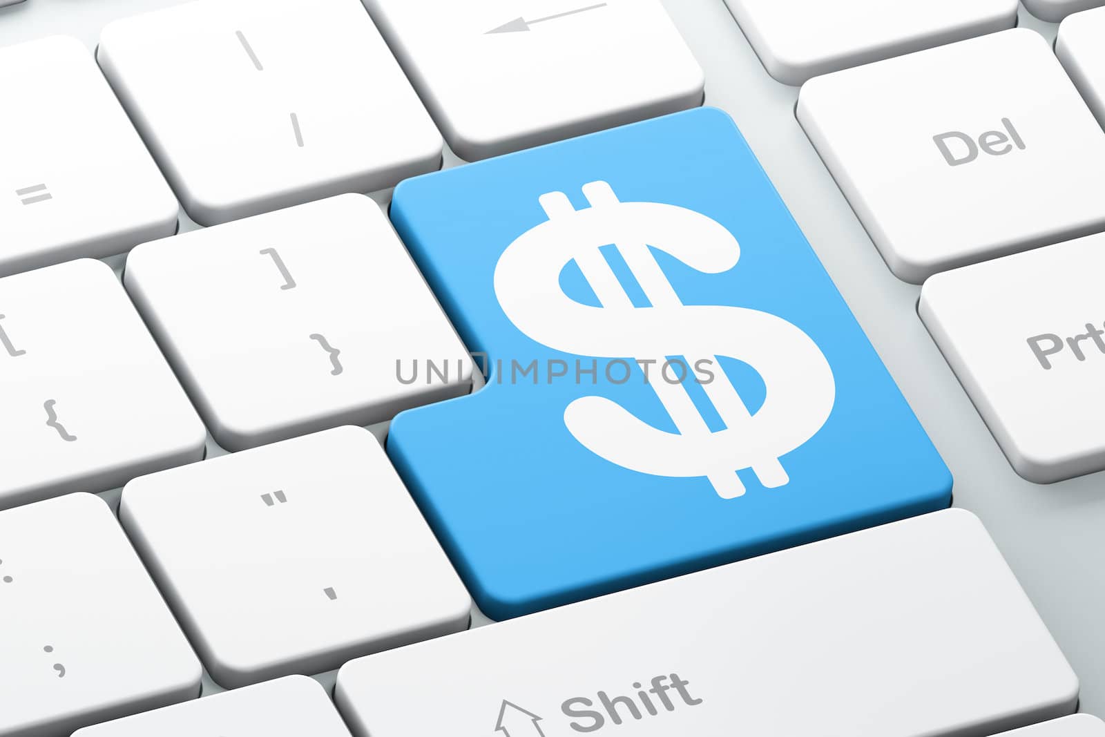 Currency concept: Enter button with Dollar on computer keyboard background, 3d render