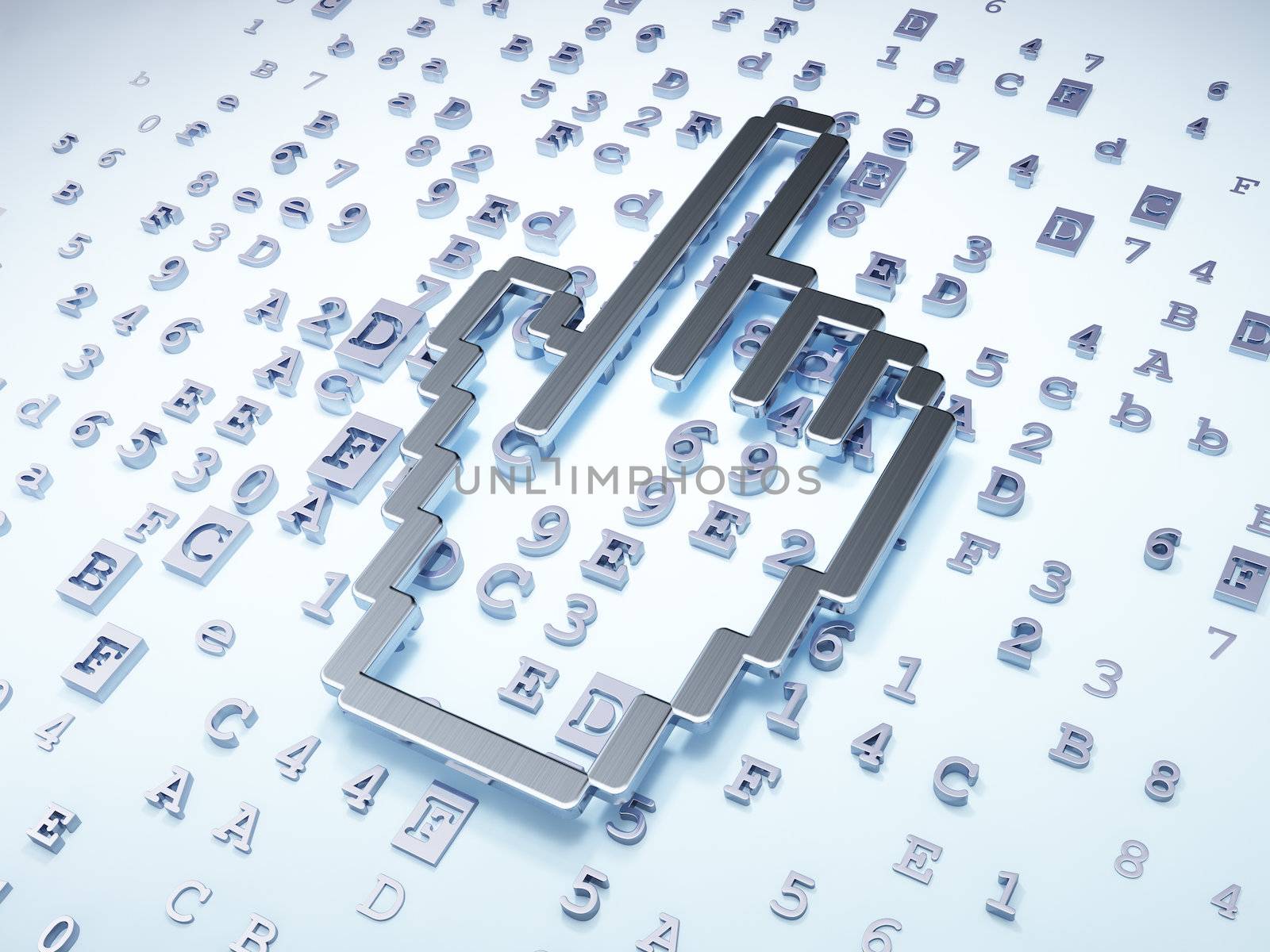 Social media concept: Silver Mouse Cursor on digital background, 3d render