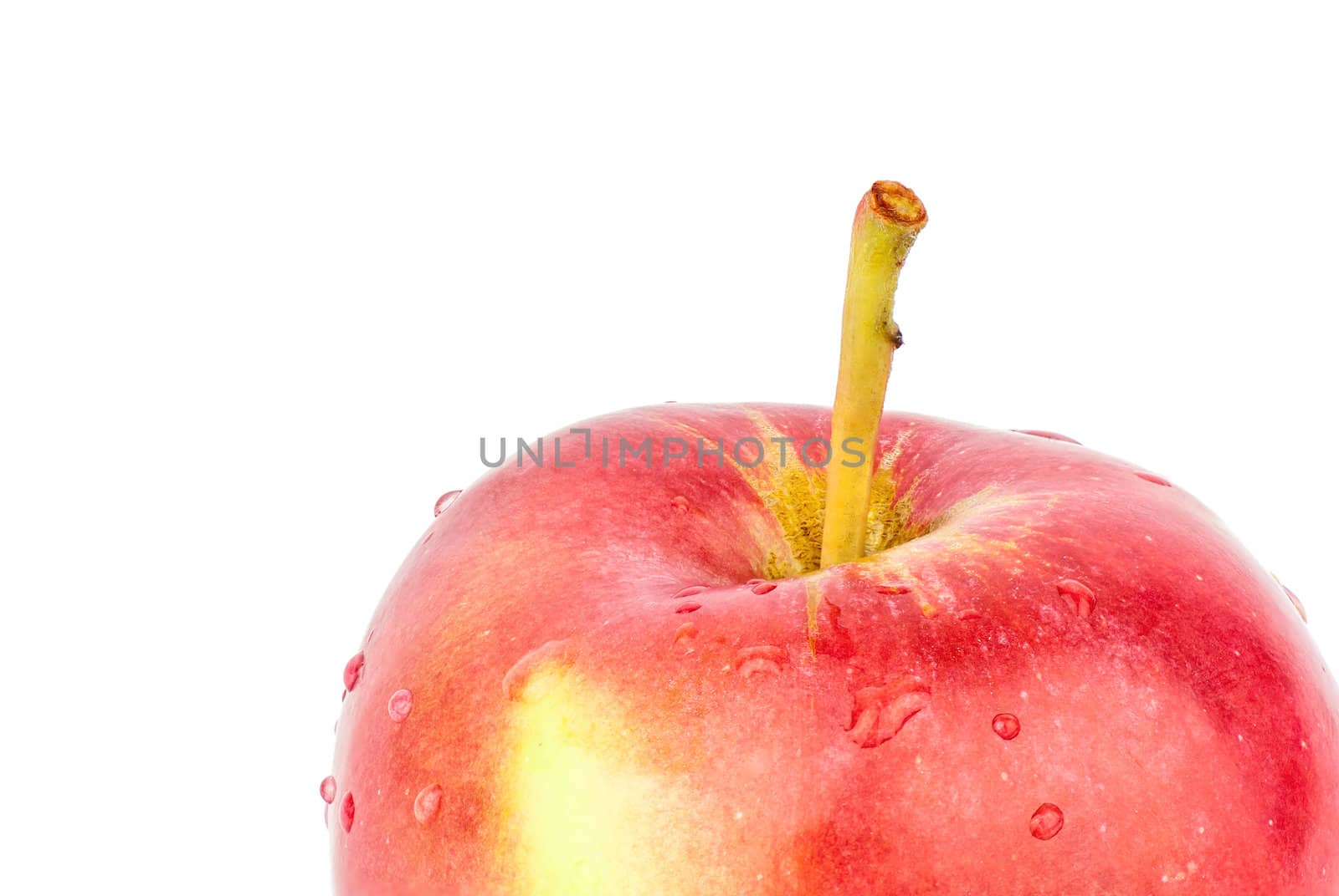 Single fresh red apple. Isolated on white background. Close-up. Studio photography.