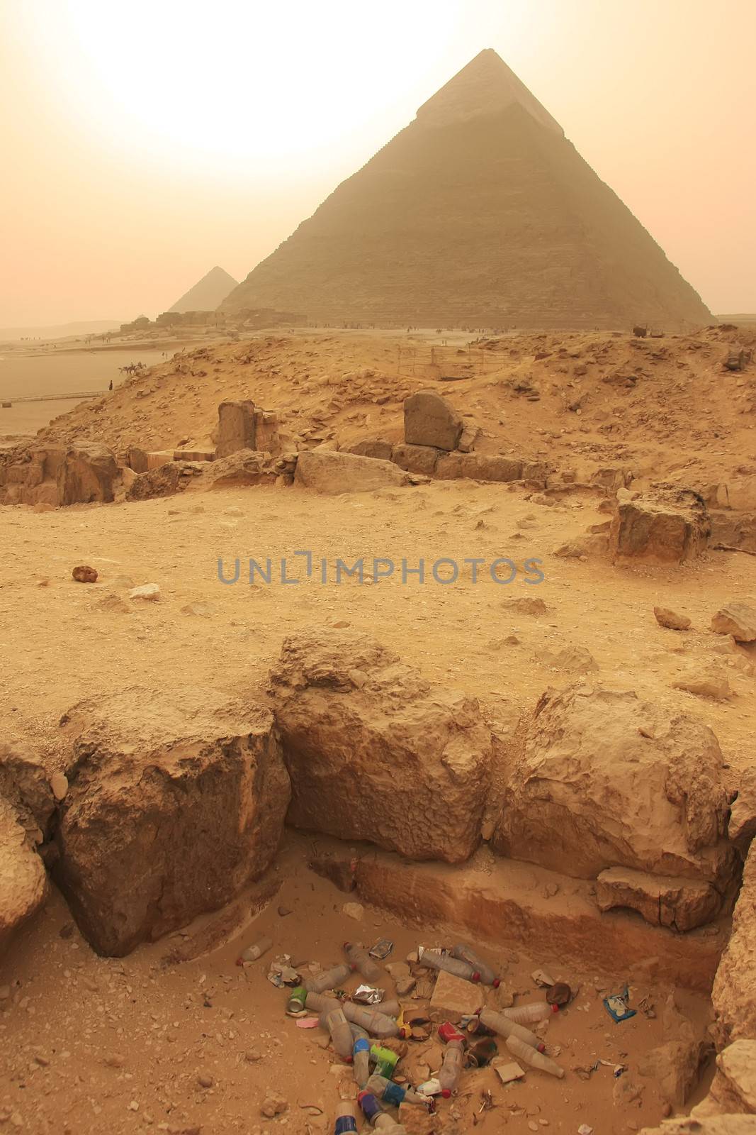 Pile of garbage near Pyramid of Khafre, Cairo, Egypt