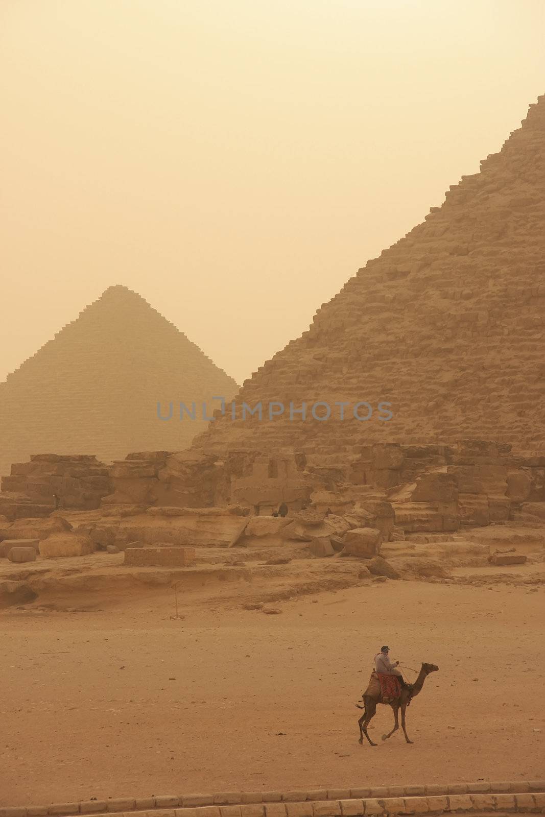 Giza Plateau in a sand storm, Cairo, Egypt