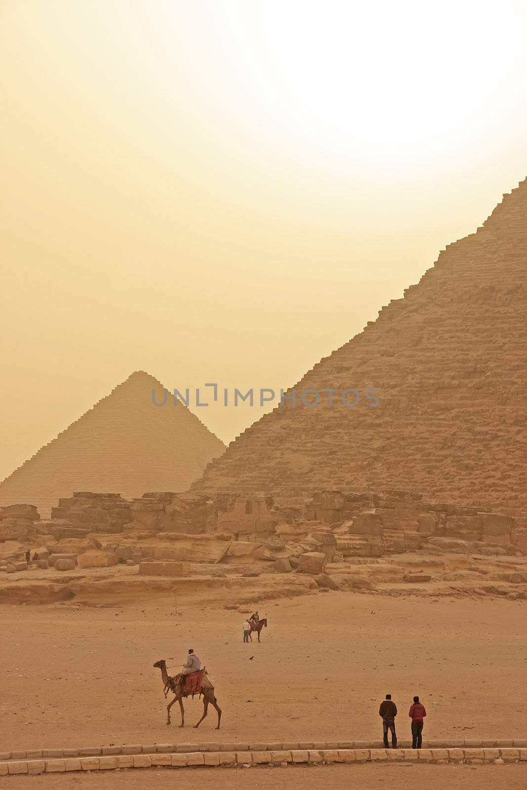 Giza Plateau in a sand storm, Cairo, Egypt