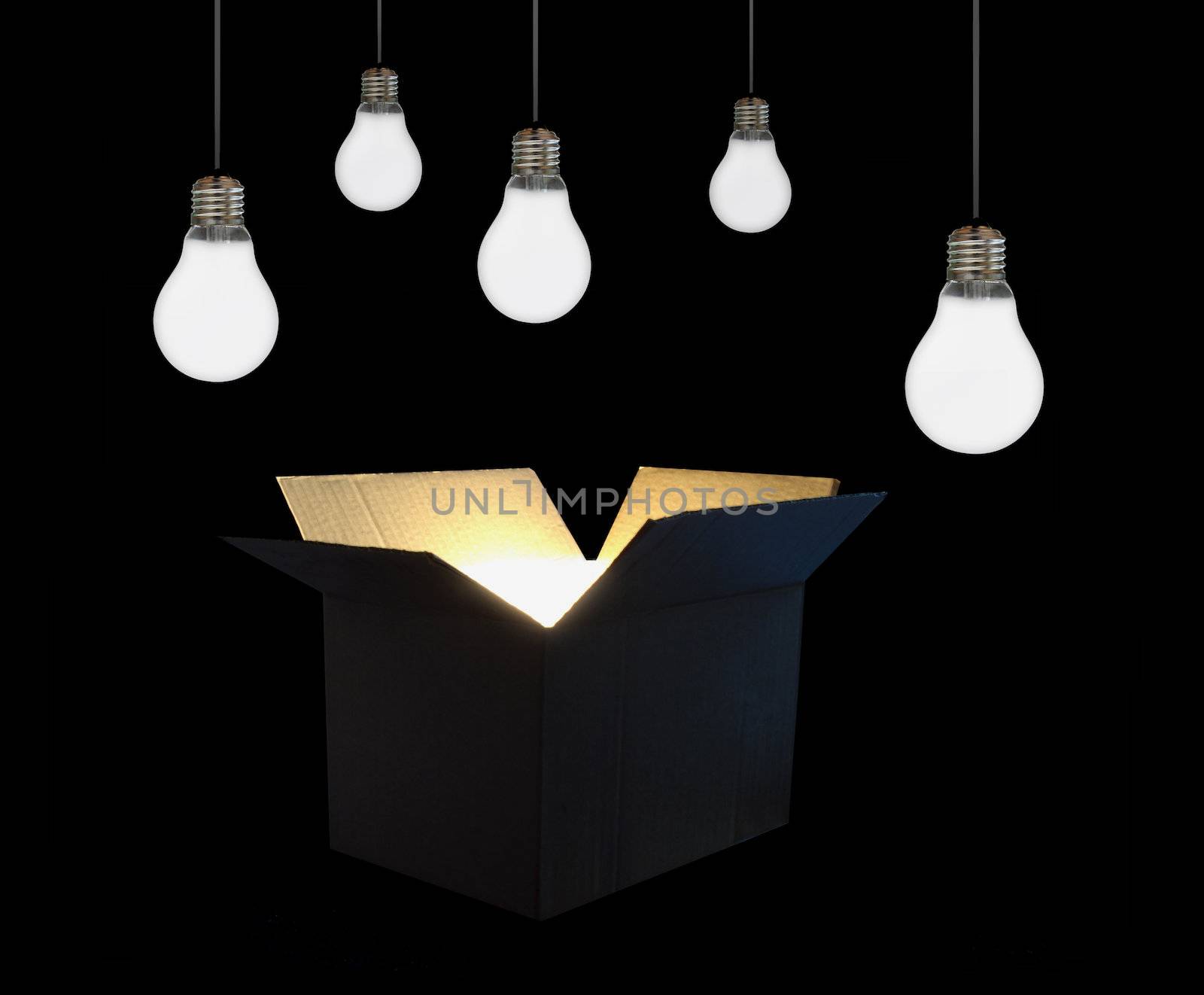 Switched on light amongst several unlit bulbs around an open box 
