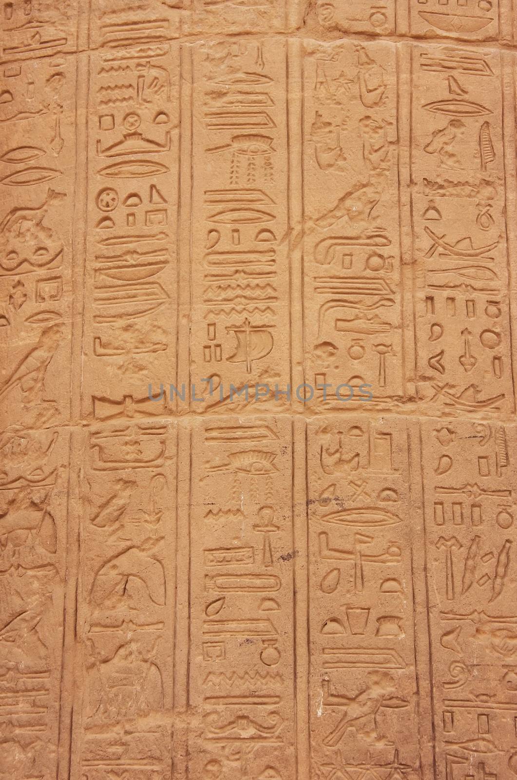 Ancient hieroglyphics on the wall of Philae Temple, Lake Nasser, Egypt