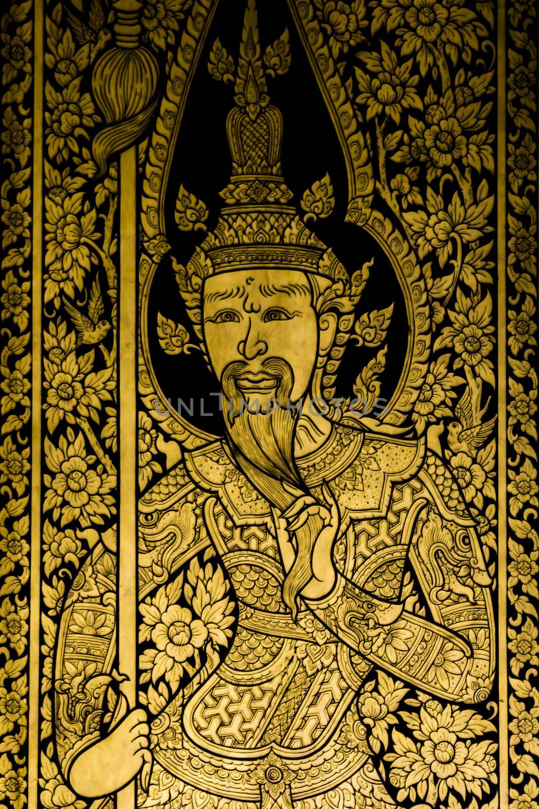 Painting Ancient art thai style, gold area coated with real gold foil, Generality in Thailand, any kind of art decorated in Buddhist church, temple pavilion, temple hall, painting art etc. created with money donated by people to hire artist. They are public domain or treasure of Buddhism, no restrict in copy or use, no name of artist appear (but, if there is artist name, it only for tell who is the artist of work, not for copyright). This photo is taken under these conditions.