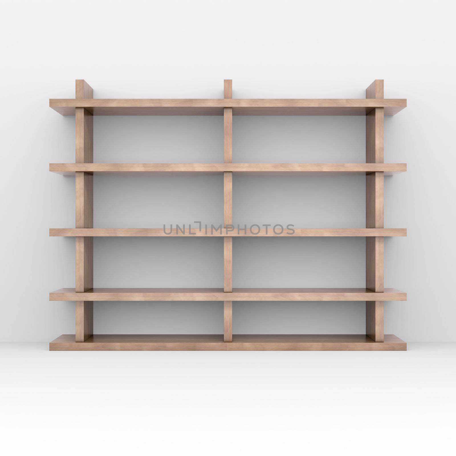 Wooden shelves. 3d rendering on white background