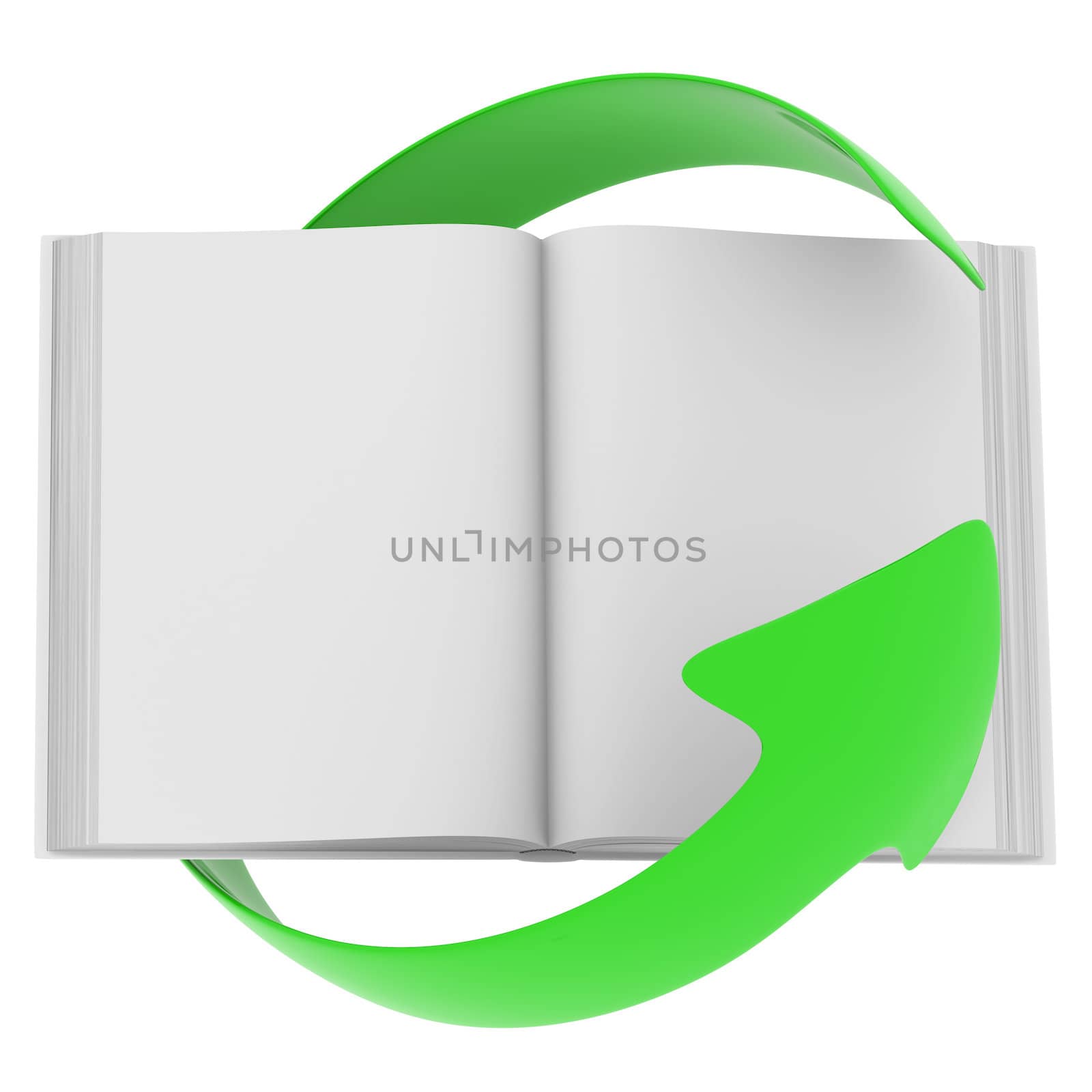 Open book and arrow. Isolated render on a white background