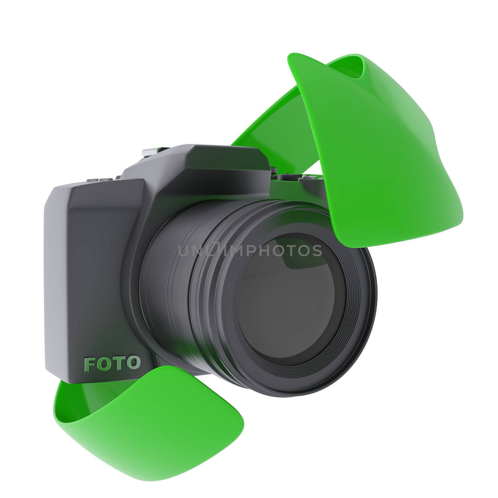 Camera and arrow. Isolated render on a white background