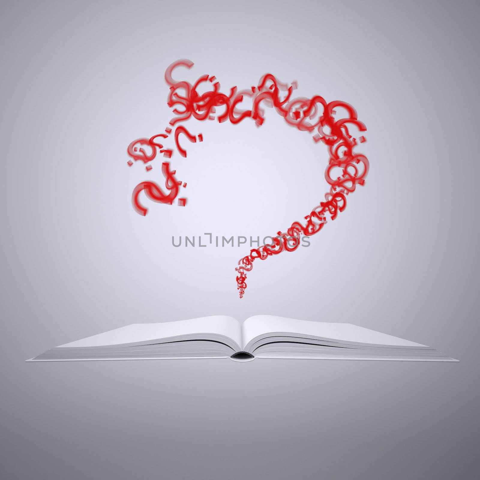 An open book and a question mark. Isolated render on a gray background
