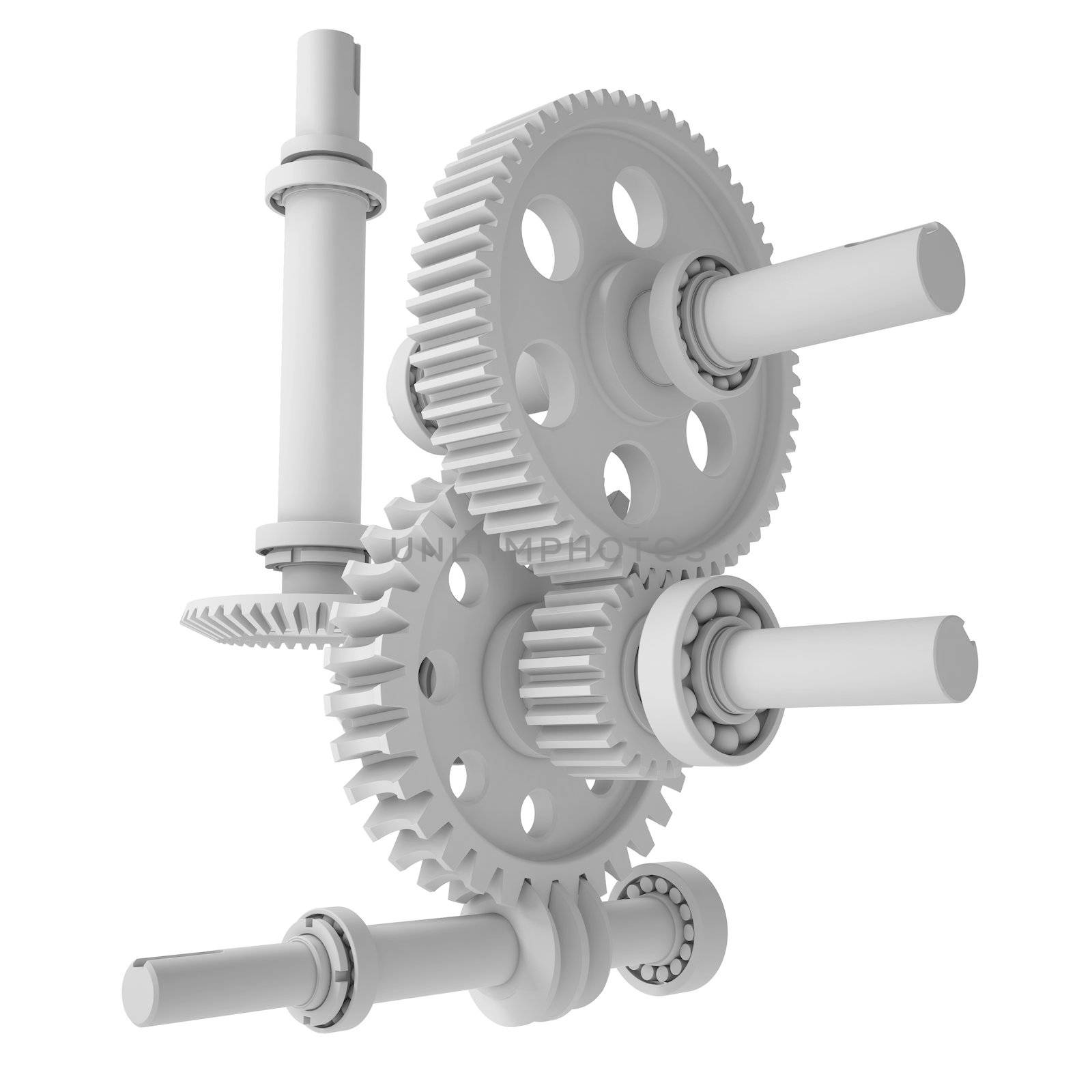 White shafts, gears and bearings. 3d render isolated on white background