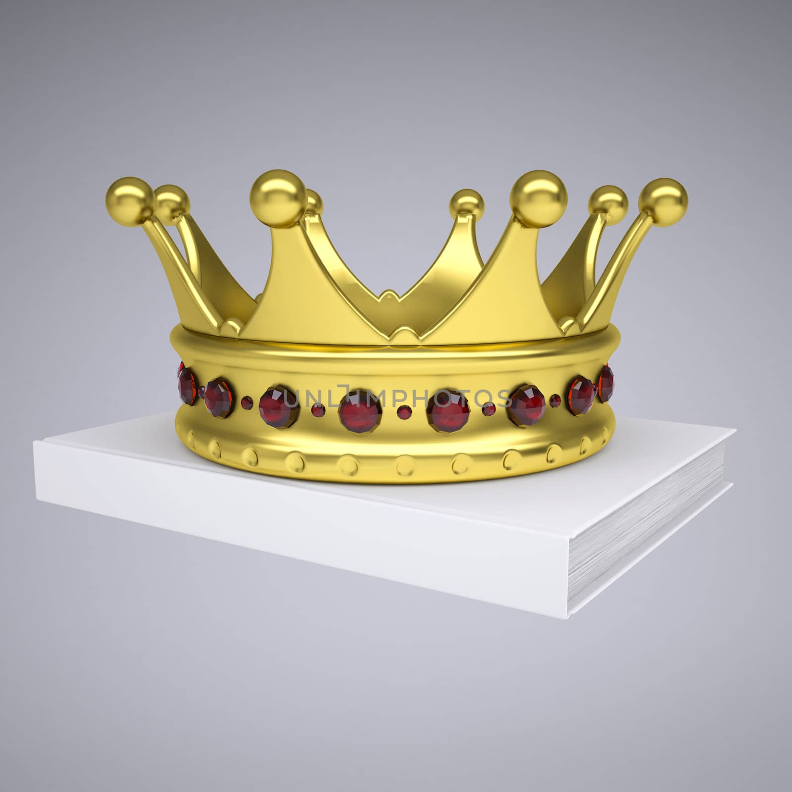 A white book and gold crown. Isolated render on a gray background