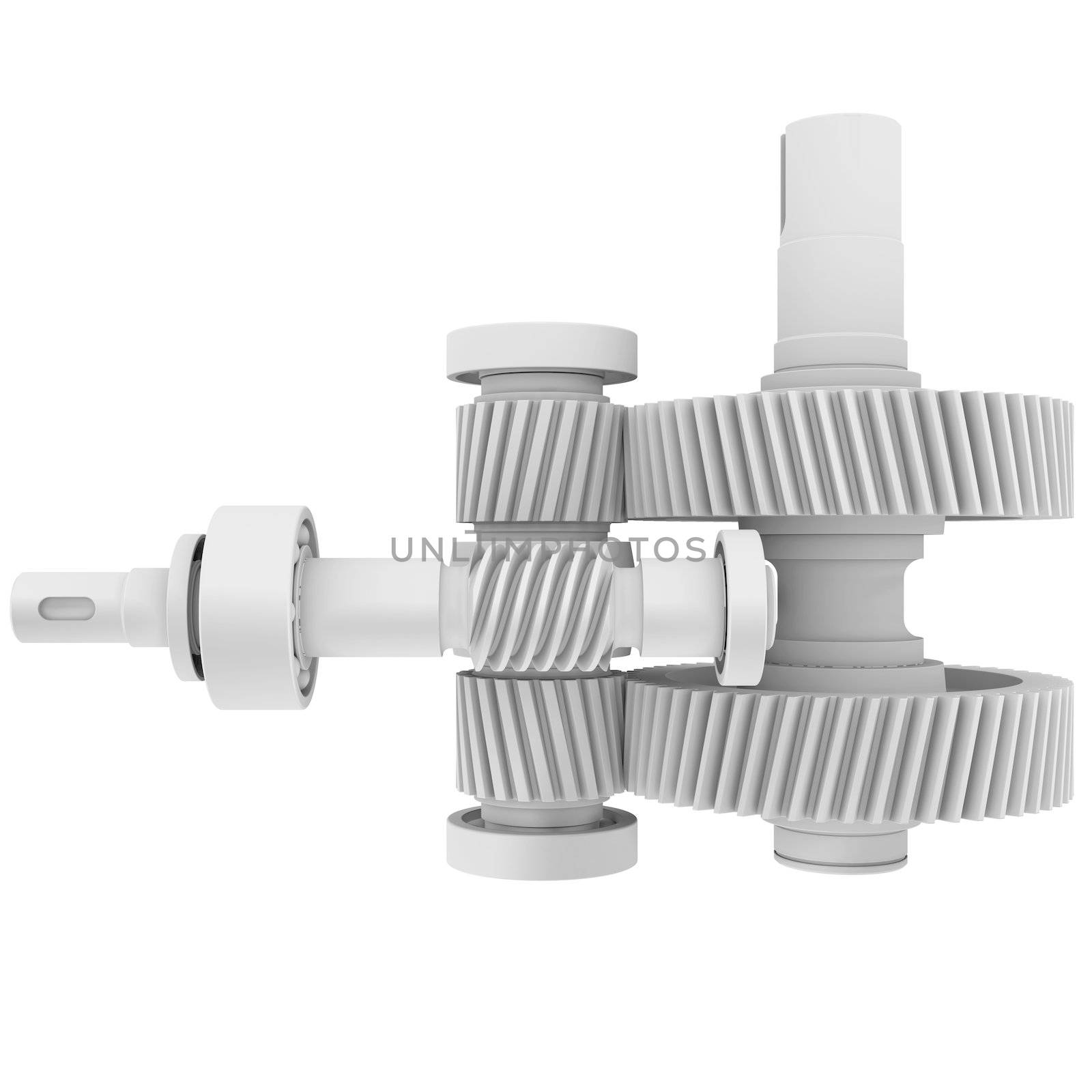 White shafts, gears and bearings. 3d render isolated on white background